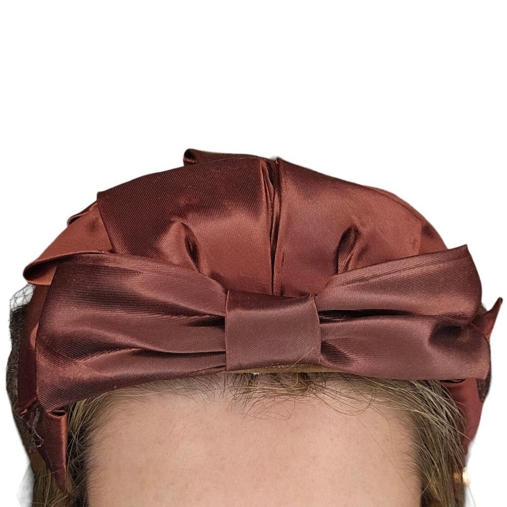 1950s Small Hat Brown Fur Fabric Bow Netting Rust Orange Organza Housewife - Picture 2 of 11